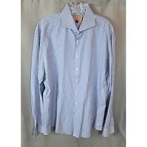 Thomas Pink Dress Shirt Mens 17 Blue Gingham Slim Fit Long Sleeve